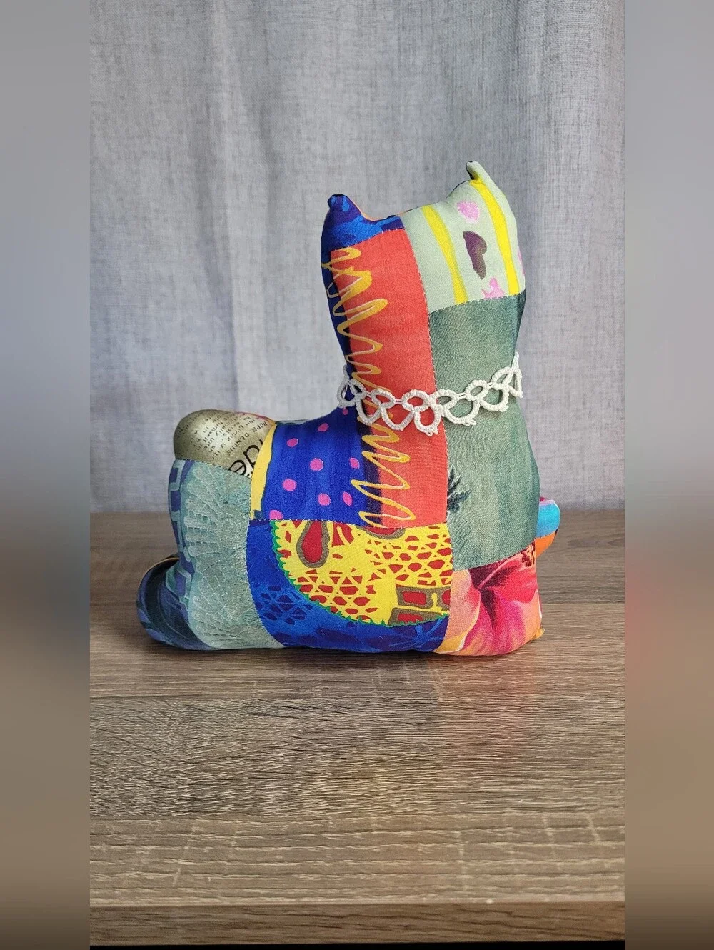 Vintage Handmade Multicolor Patchwork Cat Decorative - Home Accents 80s
